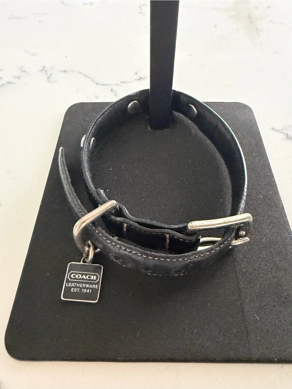 Coach Black Leather Dog Collar with Signature Tag and Silver Hardware